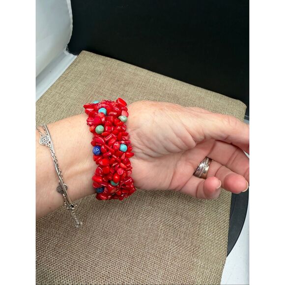 Carolyn Pollack Sterling Silver .925 Red Coral & Turquoise Mosaic Statement Brac - Picture 2 of 8